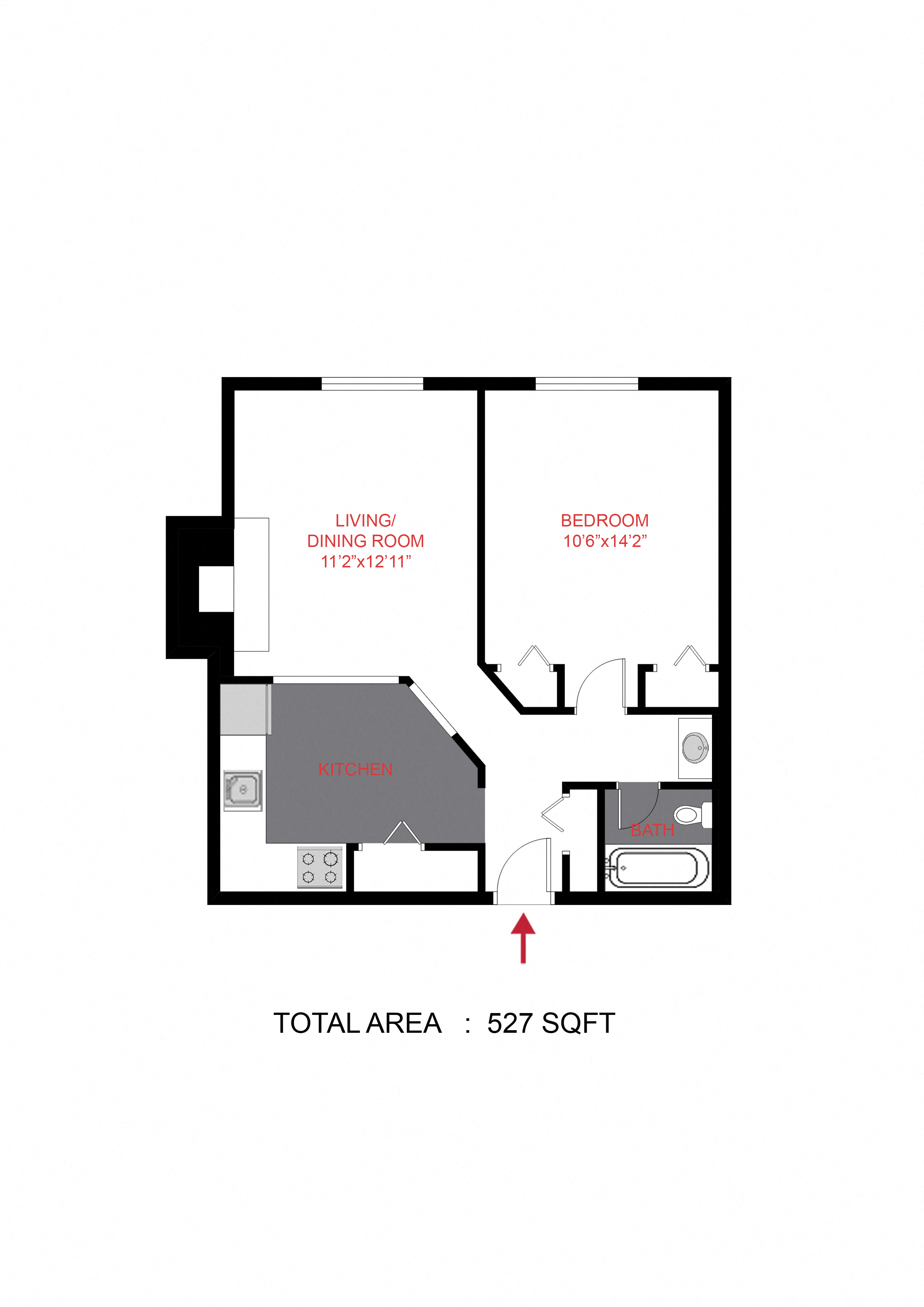 Floor plan for 1 bed, 1 bath, 506 sqft